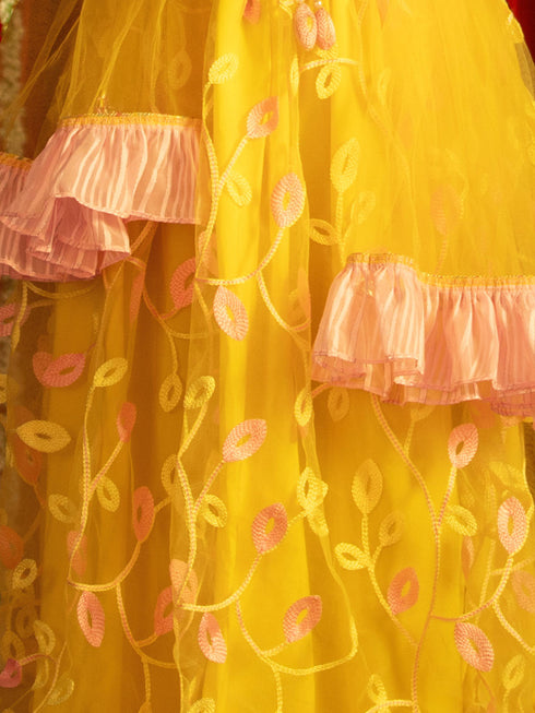 Girl's' Pink Top And Yellow Lehenga With Ruffled Dupatta Set